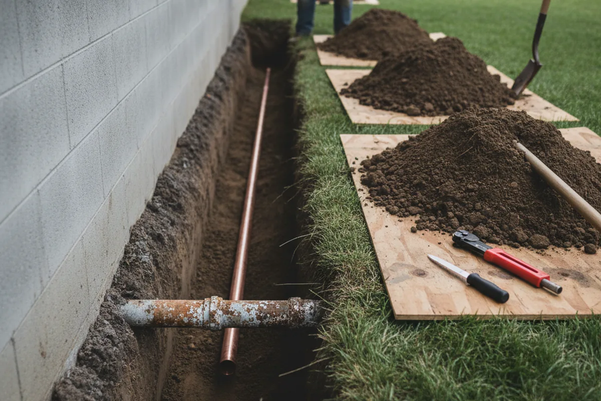 Excavated water line trench during Water Softener Installation in Calera
